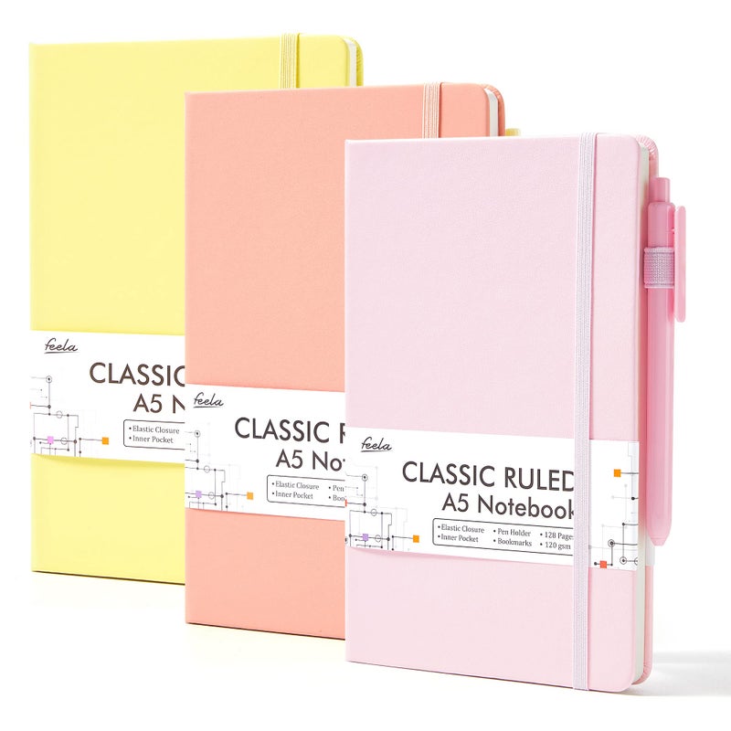 feela 3 Pack Hardcover Notebook For Women  Classic Ruled Lined Journal Set School Business Supplies  with 3 Black Pens  120 GSM  5.1 x8.3   A5  Pastel Colors  Light Yellow  Light Pink  Pale Orange - Image 1